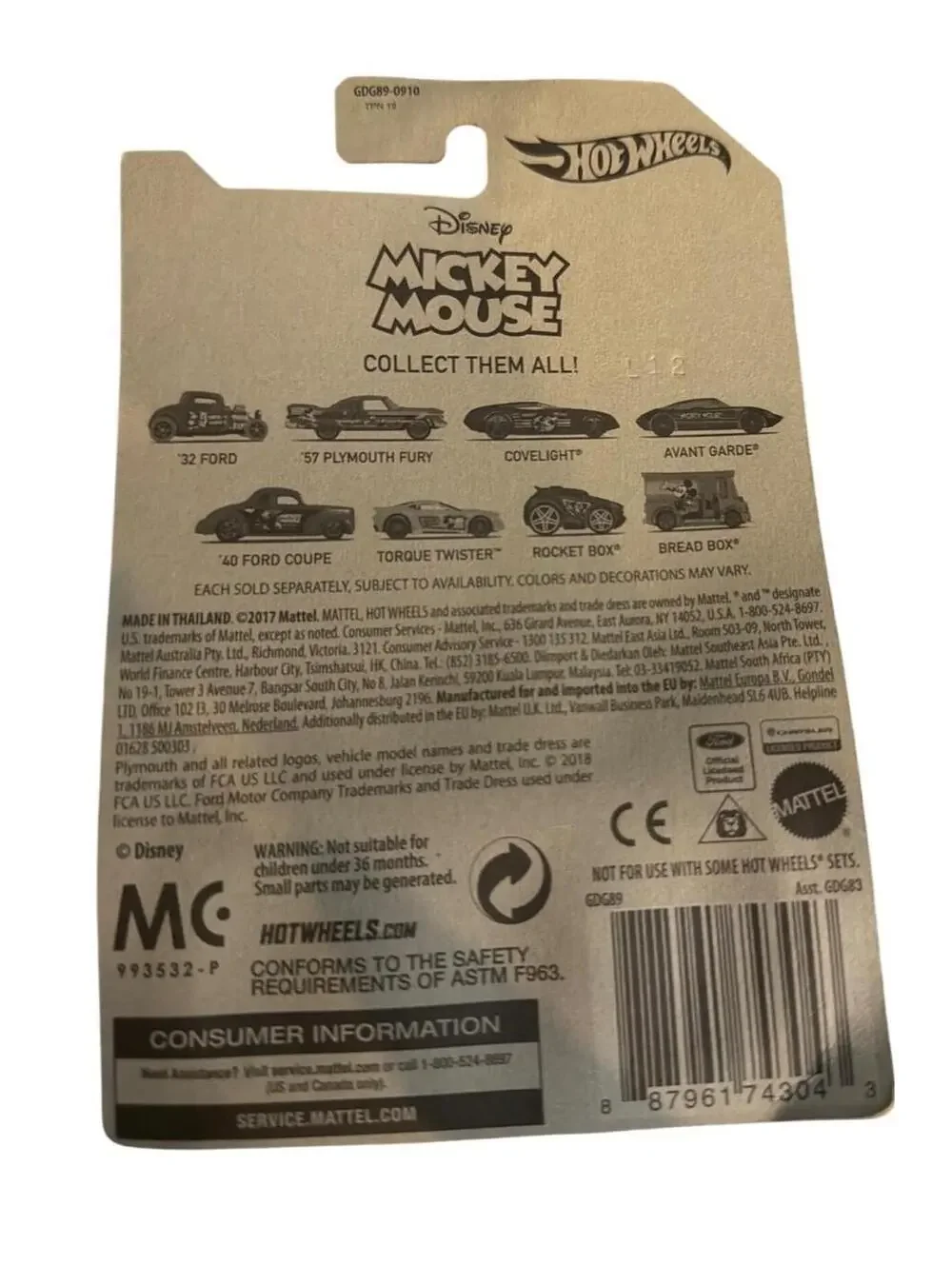 Hot Wheels Disney Prince & Pauper Mickey Mouse Torque Twister Car 6/8 White